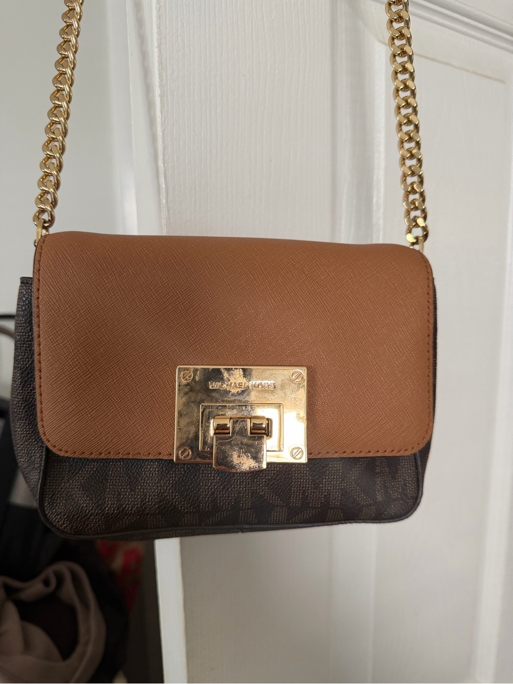 Michael Kors Tan and Dark Brown Logo Crossbody with Gold Hardware